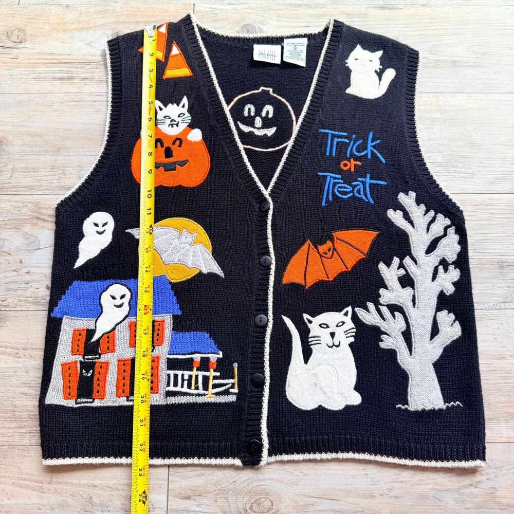 Vintage Halloween Sweater Vest Medium Cats Ghosts Haunted House Trick or Treat - Picture 6 of 10